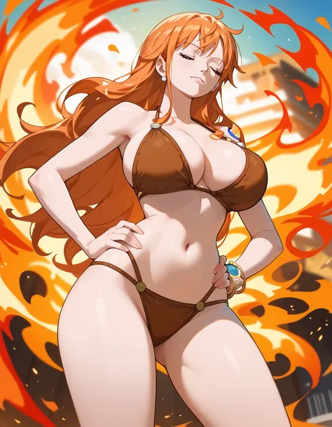 Masterpiece, best quality, Masterpiece, best quality, 1 woman, Nami , long orange hair , closed eyes , brown bikini , big breasts , abdomen , hands behind hips , thighs , fire background 