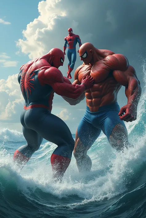 Two giant pumped body full body fighting on the high seas with giant Spider-Man 