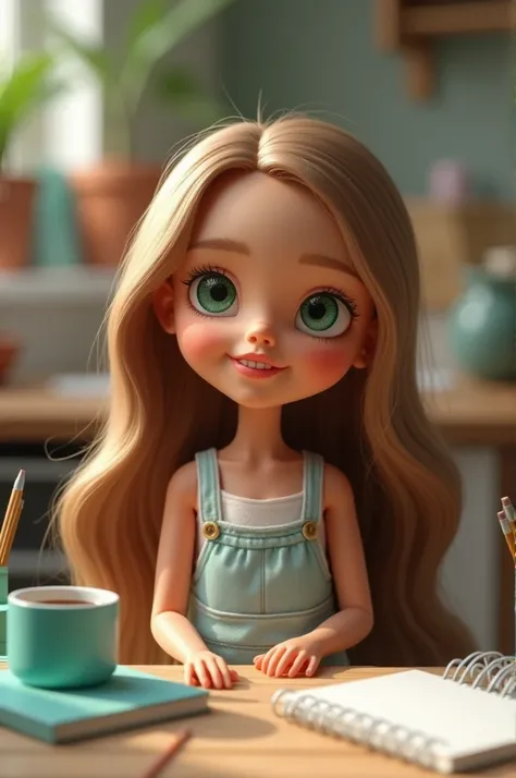 Create a light-brown-skinned doll 
Light brown and smooth hair 
Green eyes ,  smiling in a stationery studio with a notebook and a 3d printer
Green green eye 
Then I think Ill send you a photo its better kkkk