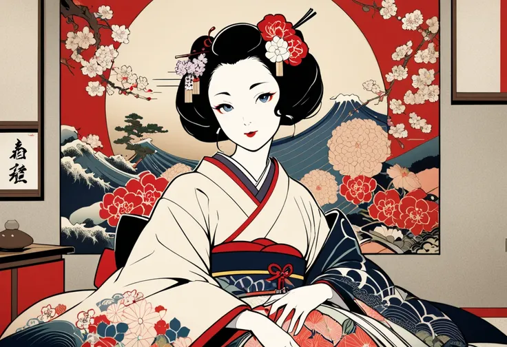 An unfriendly woman in a kimono is sitting in front of a flower display, Album cover inspired by Fujiwara Takanobu, CG Societyでトレンド, Ukiyo-e, Graceful and charming geisha ,  traditional geisha clothes  , Japanese Geisha,  Japanese Kimono, Beautiful Geisha,...