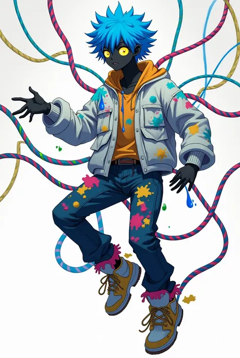 A male adolescent he has completely charcoal black skin his hair is blue he has yellow eyes the cattle he is releasing a blue liquid and his eyes he wears a shirt with random and very flashy colors open jacket that is white and stained with several stains ...