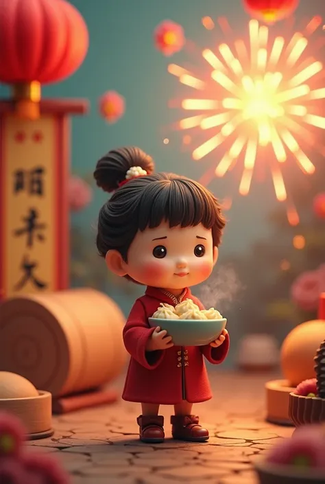  small crayon and wearing vintage ， holding a bowl of soup balls ， The background is a red lantern 、scrolls、 Fireworks， lively atmosphere 、Full of festive 。