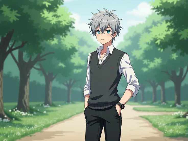 anime, handsome teenage man,  very short hair standing gray , bright blue-gray eyes, black pants,  white 3-quarter sleeve shirt,  closed vest dark gray , pocket watch, a black bracelet , black shoes, Park.