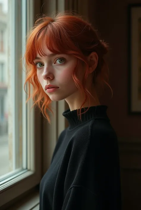 A young woman with
medium-length tousled red hair,
green eyes, wearing a black
sweater, is gazing pensively out of
a window. The lighting is soft and
warm, creating a contemplative
mood. The image has a delicate,
artistic quality reminiscent of the
style o...