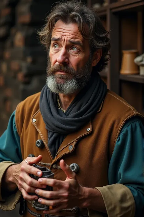 A European merchant ,  With a worried face,  looking at an empty chest.