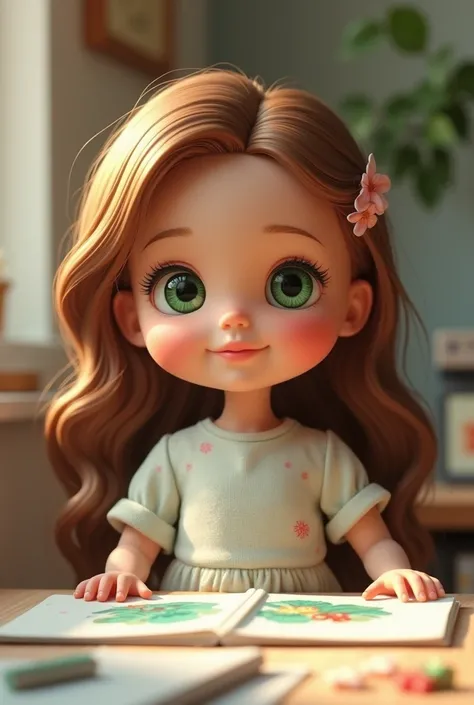 Create a light-brown-skinned doll 
Light brown and smooth hair 
Green eyes , smiling in a stationery studio with a notebook and a 3d printer