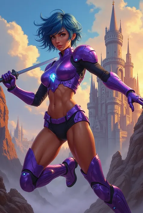 A vibrant oil painting featuring a dynamic action pose of a techno-knight woman, blending intricate anime-inspired design with realism. She has very tanned brown skin, short, tousled blue hair, and striking brown eyes that gleam with determination. Her bod...