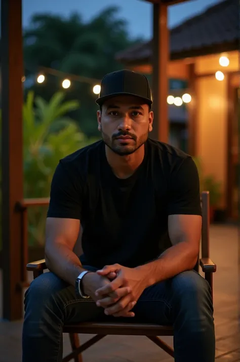  Create a picture of man age 35 ,from Indonesia,wearing a snap hat ,black t-shirt jeans , sitting on a wooden house patio chair, at night ,photo hd,  high quality 8k professional photographer  