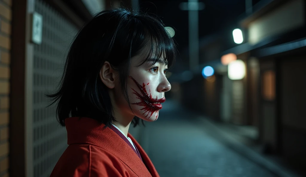 The Japanese woman  , with long, runny black hair and pale skin,  revealing a mouth cut from ear to ear ,  scarred ,  he gives his mouth to her ear and with a grotesque smile .  The expression is disturbing ,  she is alone on a dark street in a traditional...