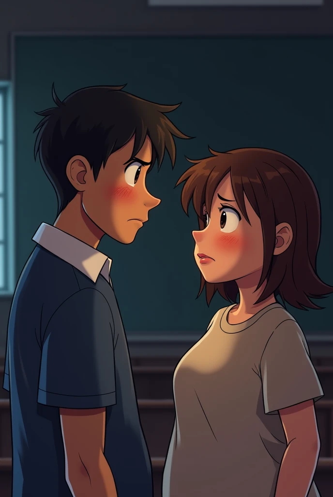  A sad physical education teacher talking to a very fat brown-haired 16-year-old girl, dark , long and wavy black eyes , big ,expressive.  
 oval face with small nose and big mouth with his uniform   . in animated