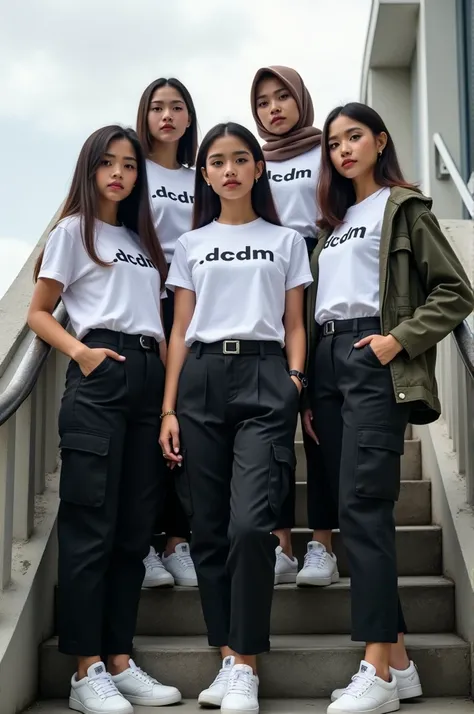 lima orang wanita cantik a young native indonesian woman with white and smooth body big boobs udzlang style kece on the stairs on top of the building face facing the front camera 
Yes, what about white cargo t-shirt wearing logo .DCDM. name wearing cardina...