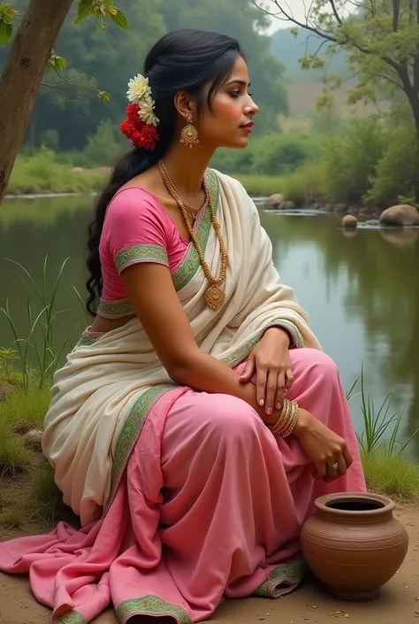 Create an oil painting of Indian woman. The woman is depicted sitting gracefully near a water body, wearing a traditional Pink and white sari with green borders. Her pose exudes a sense of serenity and contemplation, with a pot beside her as a symbol of ru...