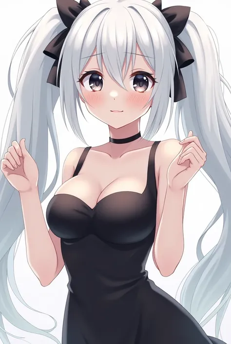  An anime-style character , White hair tied on both sides, big breast , two short Maria s , with small black ribbon on the head , black eyes,  along with visible eyelashes  ,  a black dress with a small black skirt