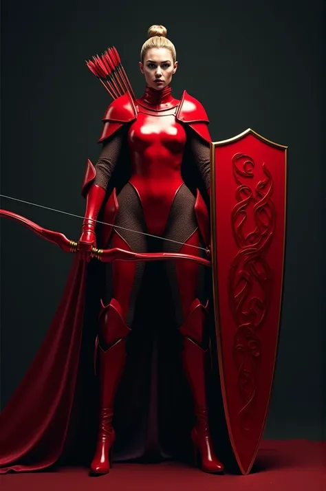  Woman wearing modern red armor composed of a matching shield. The shield has an intertwined ribbon design .  The woman is holding a bow with arrows 