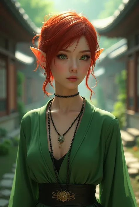 Beautiful elf female, photoreaistic, warrior monk, fair skin, (((short red hair))), green eyes, black eyeliner, ((medium breasts)), pointy ears. Wearing green chinese shirt. Japanese village background. Wearing Buddhist bead necklace. 