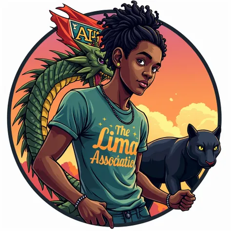  Circular logo with a dragon circling a young black man with long curly hair tied in a high bun.  The person is wearing a t-shirt with the Lima Association written in a flashy font and Stylish. , holding a large flag printed with small tears at the ends , ...