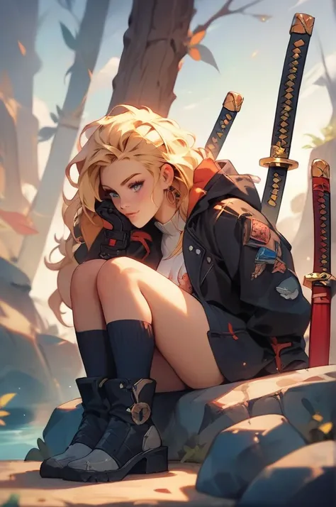 High quality, high details, perfect anatomy, young blonde woman, white short tshirt, black jacket on the outside and orange on the inside, blue miniskirt, black high socks, black boots, gun in her right hand hanging down, sitting on a rock, katana in the o...