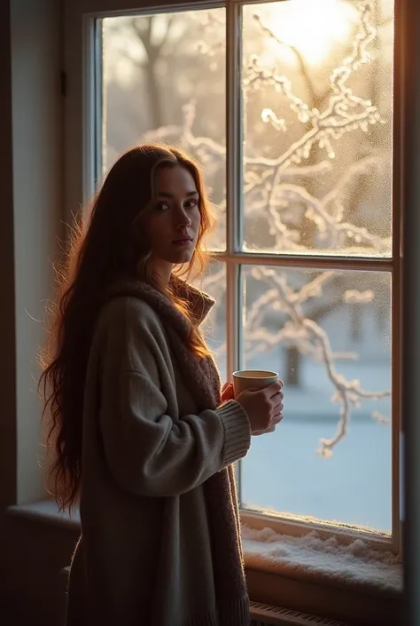 Northern Europe,
one woman,
wearing a sweater,
brown hair, long hair, look at viewer, 
holding a coffee cup,
(frost on the glass so only half is visible, frost gradation),
the sun rising can be seen through the glass of the house,
tree branches and leaves ...