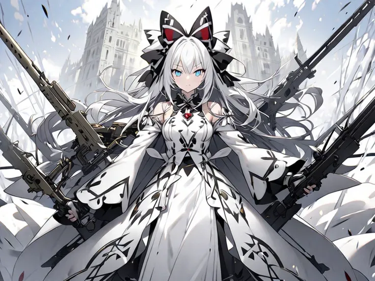 White cat、Personification、 pretty girl、battlefield、 holding an assault rifle、The fingers of the hand５There is a book