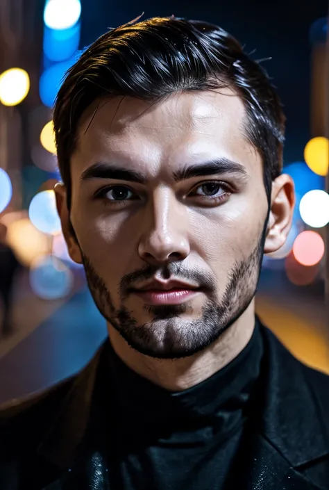 closeup face photo of caucasian man in black clothes, night city street, bokeh