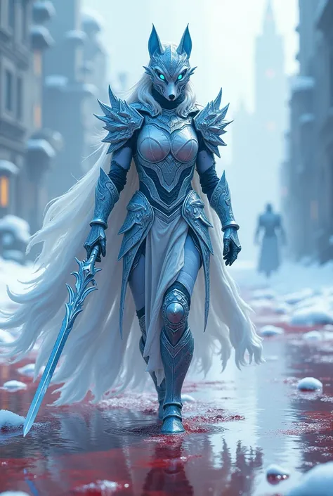 **(( CREATE AN IMAGE OF A CHARACTER WALKING IN A FROZEN CITY PASSING A SEA OF BLOOD  )** Female Character Design  :
 Armor Design and Colors
Colors : shimmering silver ( representing ice ), Deep blue ( symbolizing the winter sky ),  and opalescent white de...