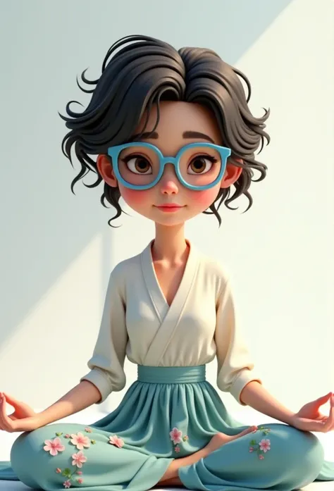  Pixar-style image with 3D character , woman with blue glasses , king,  short curly hair ,  sitting meditating with her hands in a gesture of gratitude , makeup,  white silk blouse and light blue skirt with beautiful flowers, Disney,  fisherman , serene co...