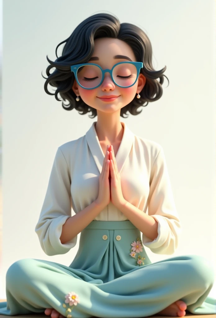  Pixar-style image with 3D character , woman with blue glasses , king,  short curly hair ,  sitting meditating with her hands in a gesture of gratitude , makeup,  white silk blouse and light blue skirt with beautiful flowers, Disney,  fisherman , serene co...