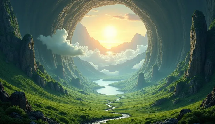 "A spectacular vision of a hollow Earth. In the center of the scene, a vast cavernous space with a bright sun floating in the inner core, illuminating the surface of a lush green landscape. In the background, enormous mountains and falling towards the cent...