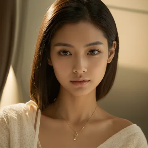 A hyper-realistic image of a single Japanese woman in her early 20s, captured with a subtle hint of film camera texture. Her skin has a warm beige tone with a natural, slightly rough texture that includes visible pores, fine lines, and subtle imperfections...