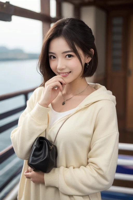  Inhaling Eyes , cute double ,  a woman hugging her favorite stuffed animal at a park near the sea, small animals, Inward-curling short hair,  hair ornament,  ponytail,  clothes chosen for a date , Talented , Kind personality,  woman who is very particular...