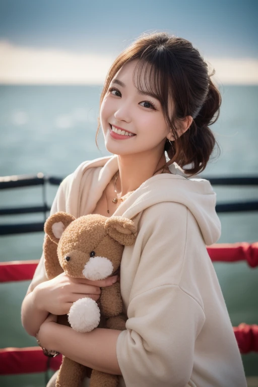  Inhaling Eyes , cute double ,  a woman hugging her favorite stuffed animal at a park near the sea, small animals, Inward-curling short hair,  hair ornament,  ponytail,  clothes chosen for a date , Talented , Kind personality,  woman who is very particular...