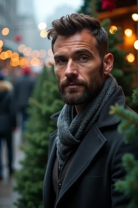 Handsome man with short beard faces Christmas tree sale