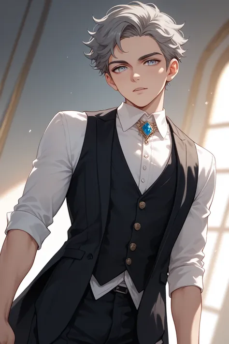 anime, Young boy, rowdy gray hair ,  blue-gray eyes , elegant clothes, light shirt with black details, dark vest