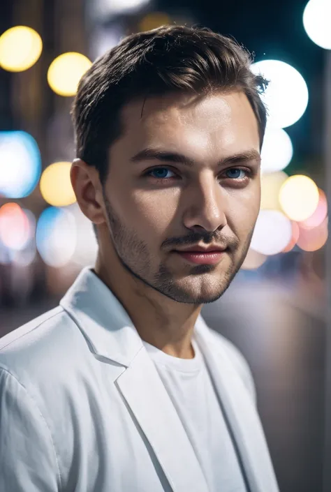 closeup face photo of caucasian man in white clothes, night city street, bokeh