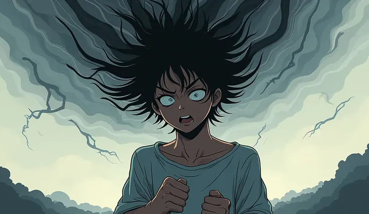 Anime A person surrounded by swirling, chaotic lines symbolizing intrusive thoughts, with a faint shadow of an approaching storm in the background. Their expression is tense, as if bracing for something bad to happen. The setting is abstract, focusing on t...