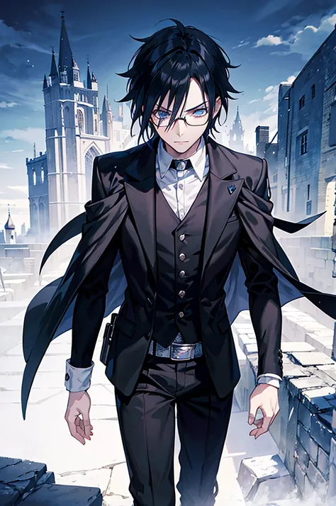 young man, magician, long black hair, blue eyes, wears glasses, wears black magician clothes, hair like Sasuke Uchihas, cold personality. Manly, medieval city background, adventurous magician.