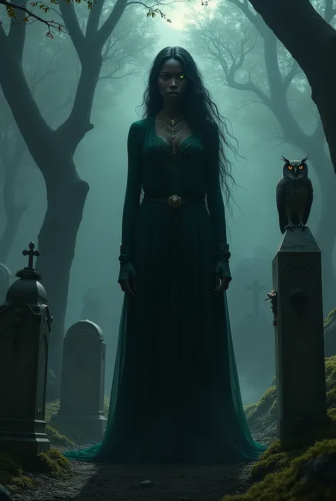 Maria Padilha at the cemetery with an owl 