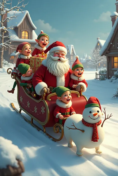 Seven of Christmas elves and characters riding on a sleigh filled with presents, including a snowman, Santa Claus, and  young elf with red and green clothing Style