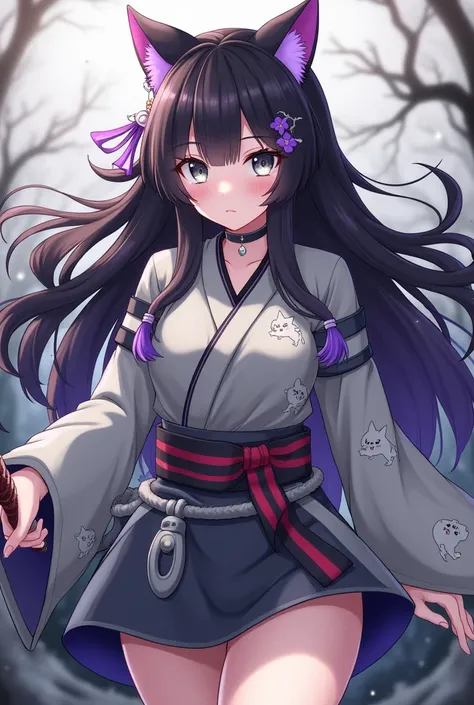 Female Kny character with gray eyes black hair and purple tips with cat ears Kny uniform but gray with kittens and a katana