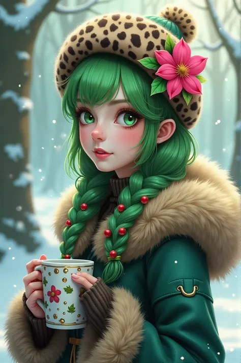 une image d’une jeune femme habillé dans un thème hivernal, portant un chapeau en fourrure avec un imprimé léopard et une fleur rose, assorti à un manteau en fourrure. Le personnage tient une tasse de fête décorée avec des ornements verts. Ses cheveux vert...