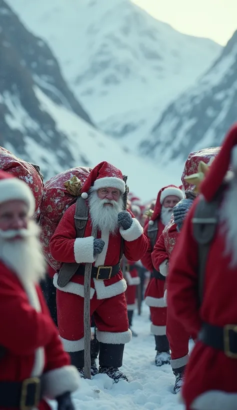 (  Masterpiece :1.2),  top quality, A lot of Santa Clauses starting all at once in a cold snowy mountain , Many Santa Clauses standing with a serious expression ,  carrying a large white bag containing lots of presents on their shoulders, Desperate look,  ...