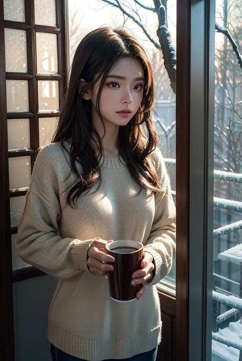 Northern Europe,
one woman,
wearing a sweater,
brown hair, long hair, 
holding a coffee cup,
(frost on the glass so only half is visible, frost gradation),
the sun rising can be seen through the glass of the house,
tree branches and leaves are covered in f...