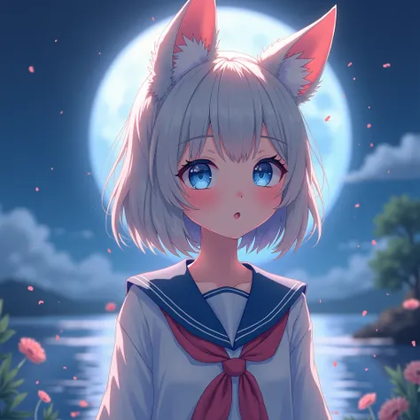  blush,  blue eyes,  smiles,  look , Animal ears loli, 1 girl, Modern anime,Realistic touch, sailor suit,Erotic,virtual,moon