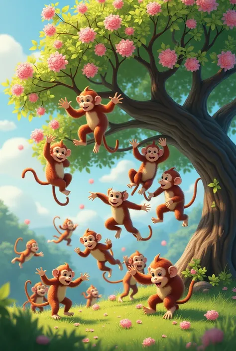 Herd of 12 monkeys jumping on a cherry tree
