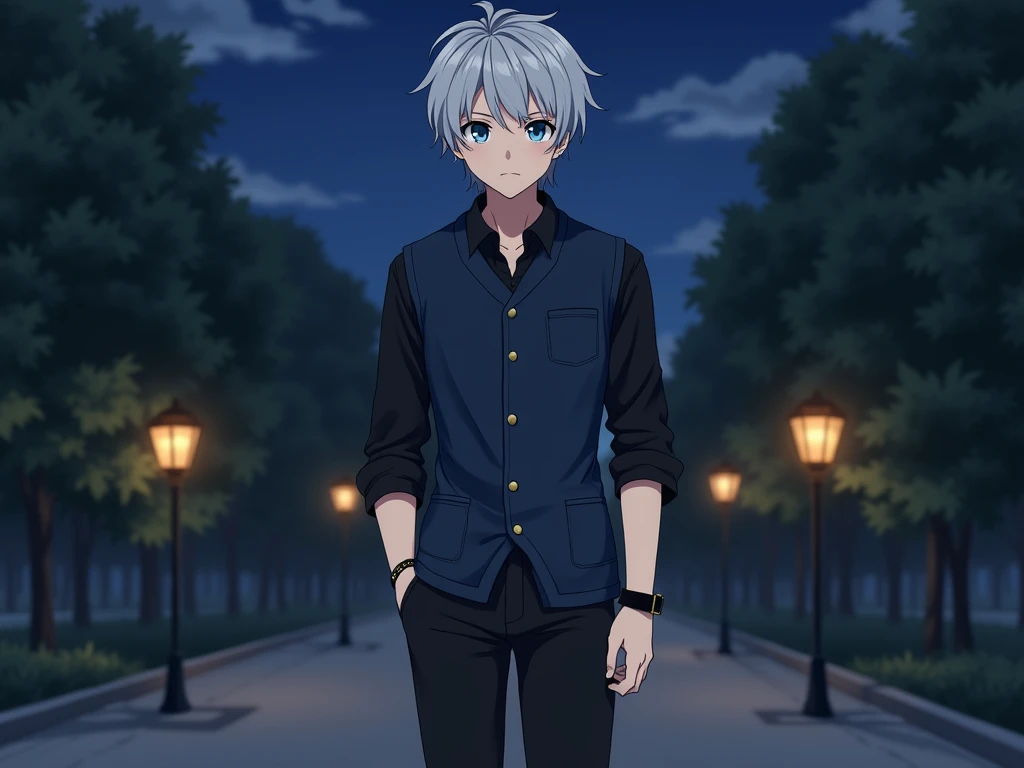 anime, handsome teenage man,  very short hair standing gray , bright blue-gray eyes, black pants, black 3-quarter long sleeve shirt , dark blue closed dress vest with pocket chain, a black bracelet , black shoes, park at night, lanterns.