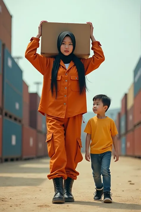 An Indonesian woman is wearing black hijab, orange long sleeved, two pocketted button up top, orange loose long cargo pants, and black boots. The woman has a tall, huge, and muscular posture. A Korean man is wearing yellow t shirt, jeans, and black sneaker...