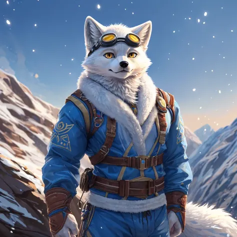 (Best picture quality),(masterpiece),(((The only one))),(    Super Detailed    ),(  male arctic fox  :1.5), (  white skin:1.3),  furry，(  white fur  :1.3),((  golden pupils  )) ,(Gray ears),( furry 动物 耳朵s)，((Wear outdoor clothing )， Wear hiking goggles ，On...