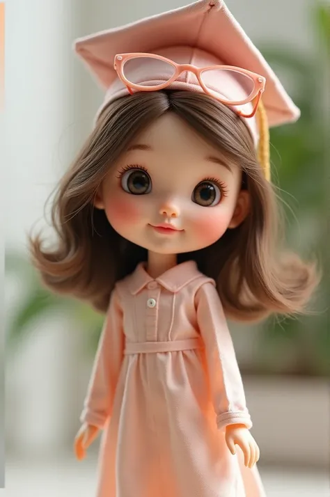  Create a doll based on the following characteristics 

Pele: light skin tone.

Hair:  medium length ,  slightly wavy, in brown color.

glasses: delicate,  with a small frame  (perhaps in shades of pink ).

Age:  Represents a  of about  .

 Constitution : ...