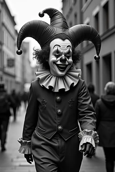  A clown with hair wearing the jesters hat from a double-sided court,And theres  , and the color black and white goes down the street and sings a song 