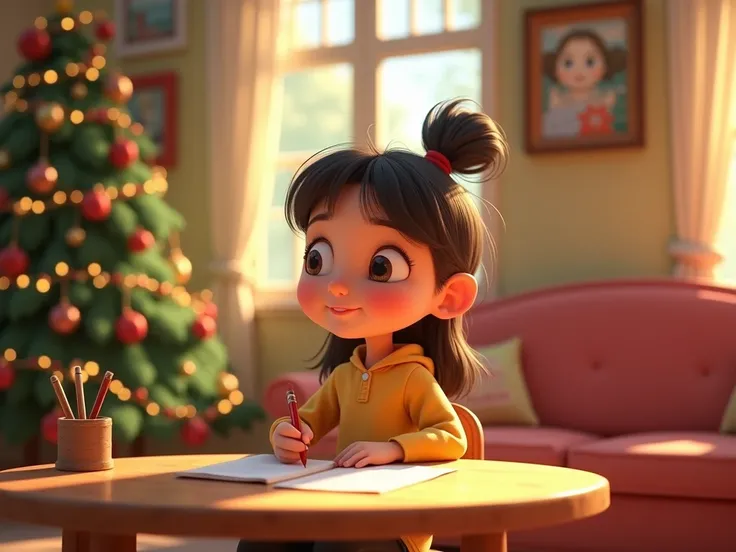 Girl sitting at the table in her living room writing at home with a Christmas tree in the back animated 